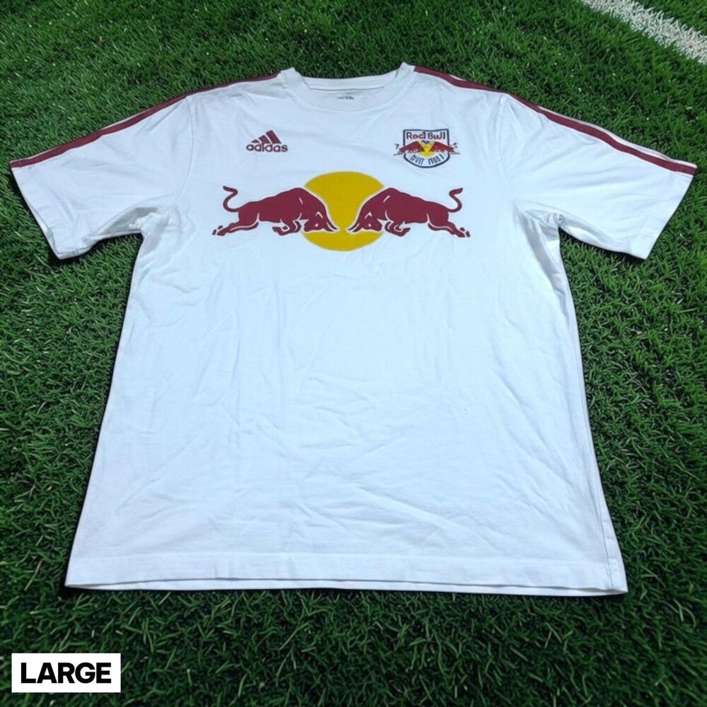 Adidas MLS New York Red Bull T-Shirt Mens LARGE White Red‎ Stripes 100% Cotton